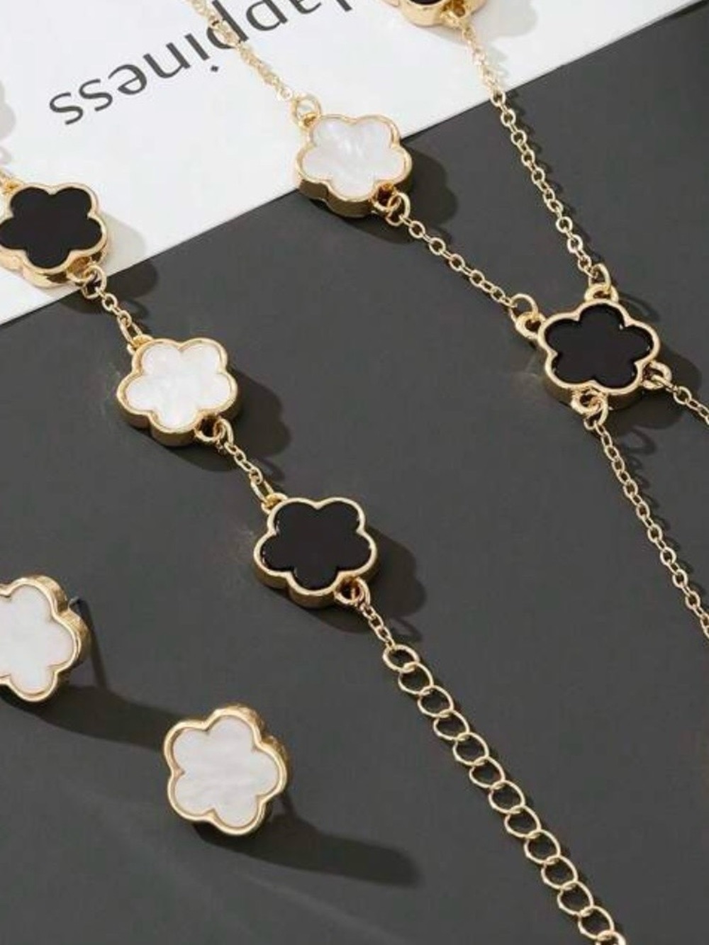 Gold Clover Necklace, Bracelet & Earrings Set - White Inlay - Picture 8 of 8